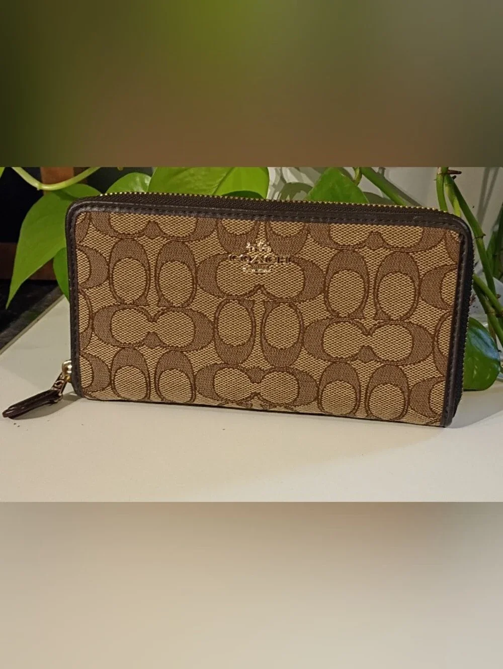 Coach Tan and Brown Signature Zip Wallet